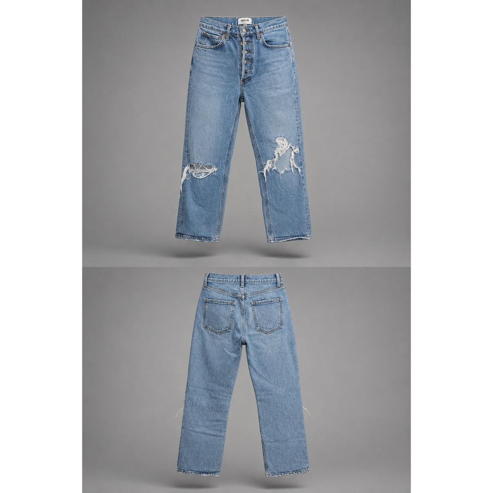 AGOLDE 90s Distressed High Rise Straight Leg Jeans 24 Button Fly Ripped Knee - Picture 1 of 11